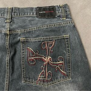 FUBU Embroidered Cross Jeans 38x33 (tag 38x34)  Y2K Wide Leg Skate Rave Vintage